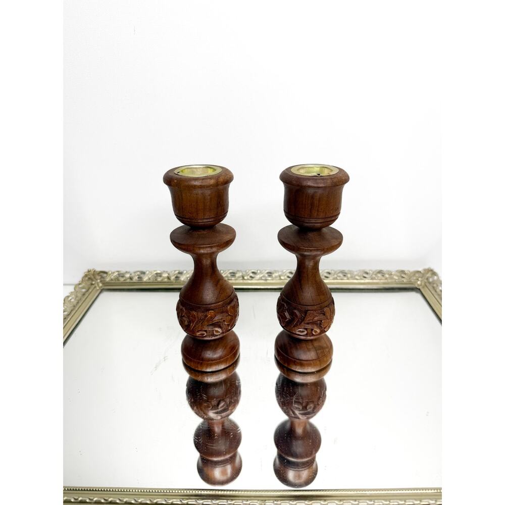 Vintage Indian Rosewood Candlesticks Hand-Carved , Rustic Boho Decor from India